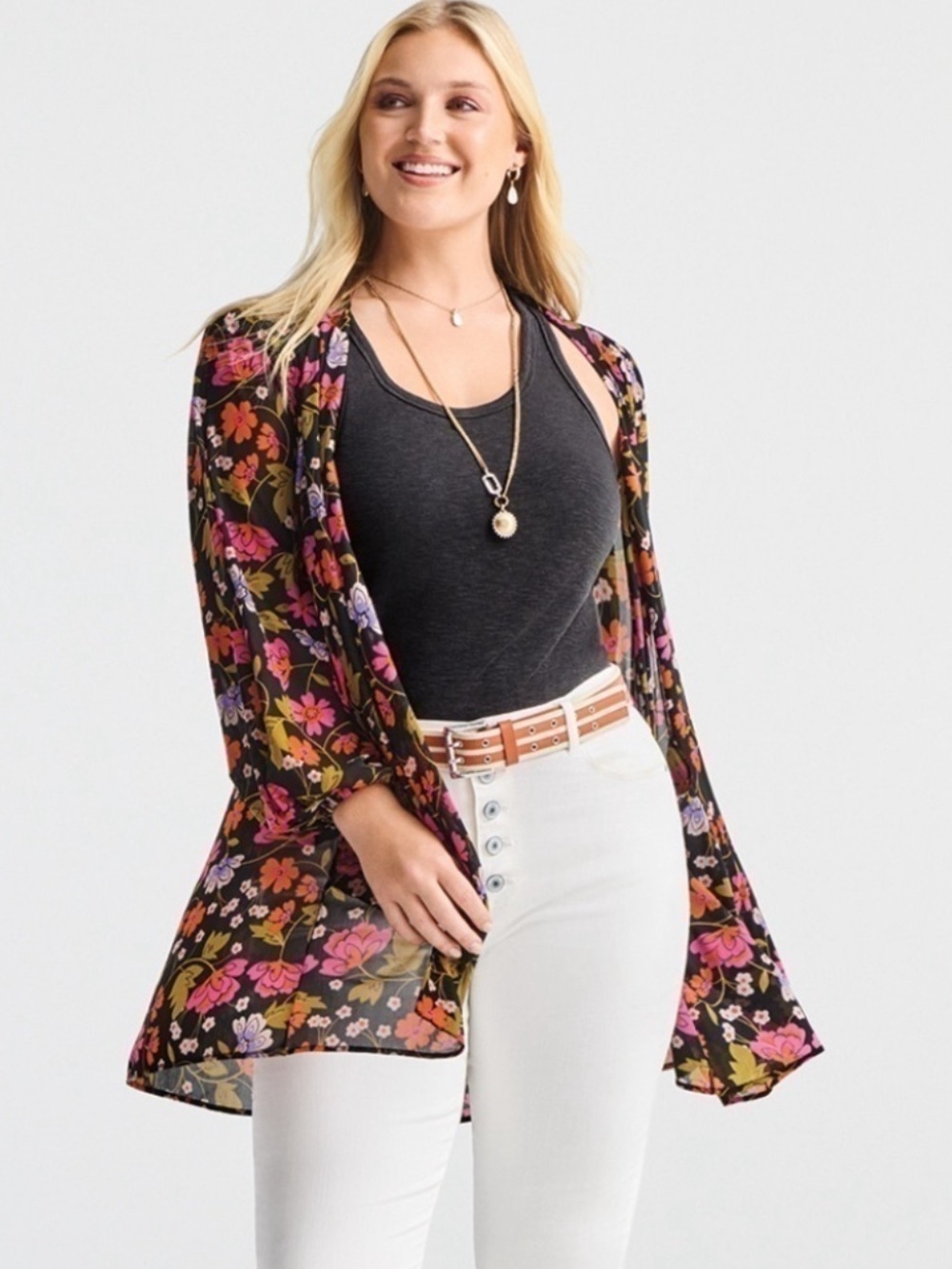 Cabi Mingle Kimono 6252 Sheer Coverup Wrap Shirt Floral Black medium no belt